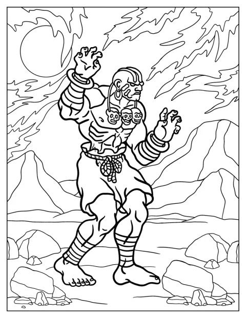 Dhalsim invoca os seus poderes com os braços erguidos.