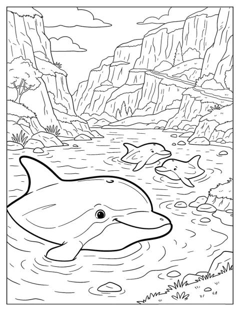 Eine Delfinfamilie schwimmt durch einen Fluss in einer felsigen Bergschlucht.