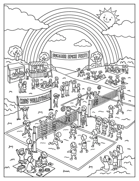 Un arcobaleno illumina la spiaggia durante una festa estiva di pallavolo.