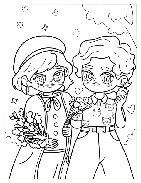 Kaksi muodikkaasti pukeutunutta naista pitelee kukkia ja hedelmiä.