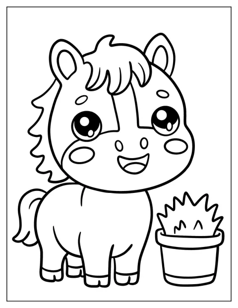 Un poni está de pie al lado de un cubo lleno de heno.