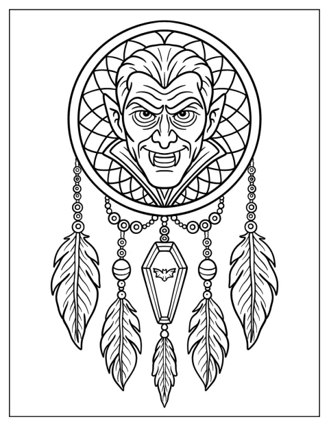 Un prinzător de vise cu Dracula este decorat cu un sicriu și lilieci.