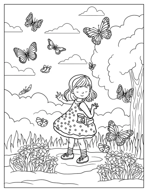 Una niña baila mientras varias mariposas revolotean a su alrededor.