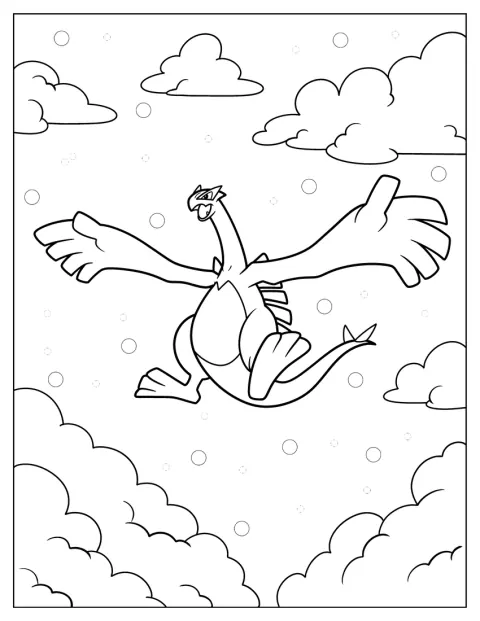 Lugia harcra készen, kitárt szárnyakkal jelenik meg.