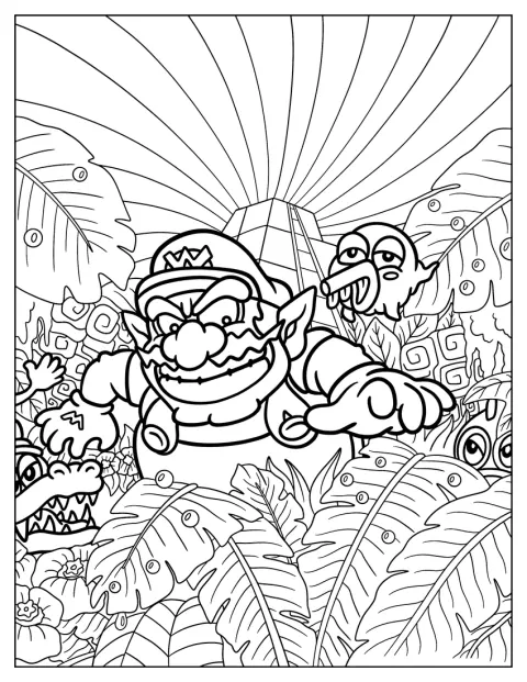 Wario stojí v lese vedle ryby Cheep Cheep.