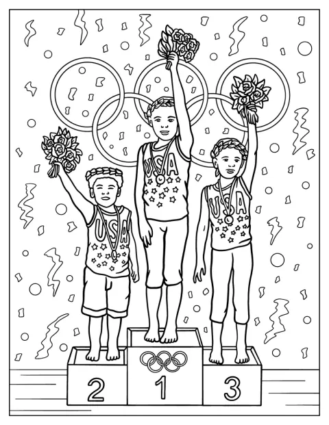 Trei campioni americani stau pe podium, înconjurați de confetti.