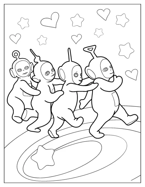 Os Teletubbies dançam em fila, seguindo uns aos outros.