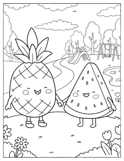 Ananas i arbuz trzymają się za ręce podczas spaceru po parku.