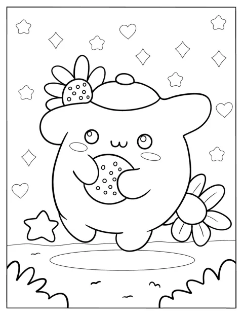 Pompompurin è circondato da fiori e stelle.