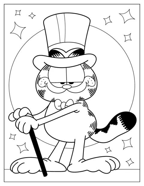 Garfield nosi cylinder i trzyma laskę.