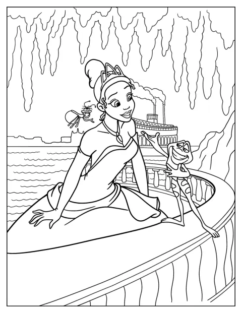Tiana e Ray sono sul balcone accanto al principe ranocchio Naveen.