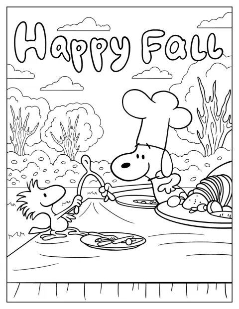 Snoopy és Woodstock vidáman ünneplik az őszi hálaadást.