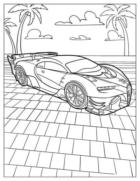 En Bugatti Vision Gran Turismo holder ved stranden.