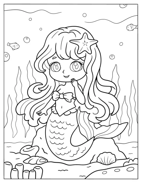 Una sirena timida siede sul fondo del mare tra alghe e coralli.