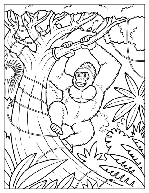 En gorilla svingar sig i ett träd i djungeln.