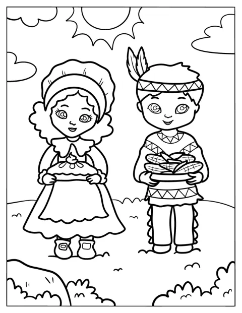 Female Pilgrim Coloring Page With A Pie And Native American With Corns