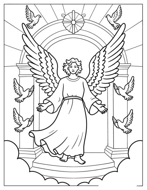 Um anjo radiante de asas abertas está sob um arco celestial, acompanhado por pombas.