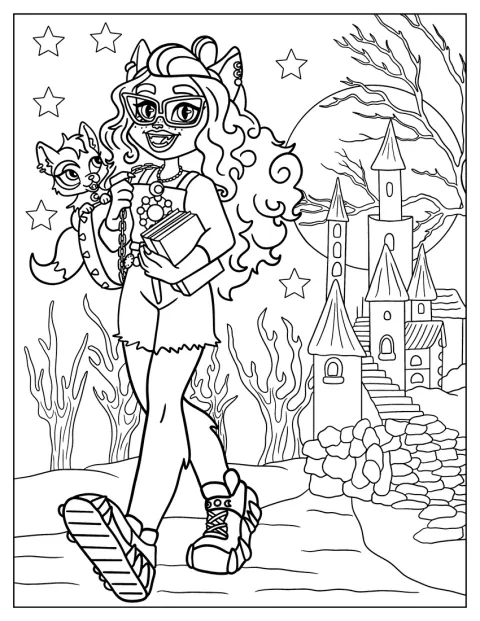 Clawdeen Wolf stoi ze swoim pupilem przed zamkiem.