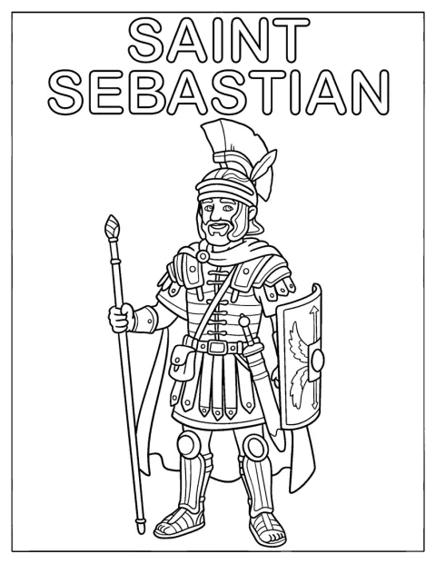 Sankte Sebastian håller ett spjut och en sköld, klädd i romersk rustning.