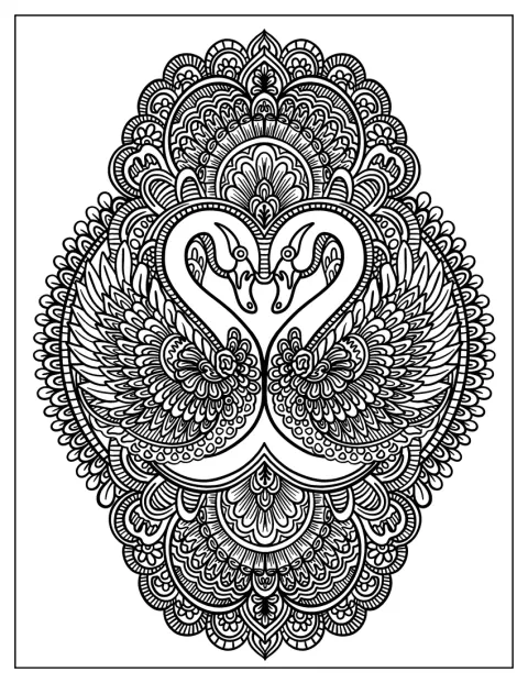 Due cigni formano un cuore al centro di un mandala.