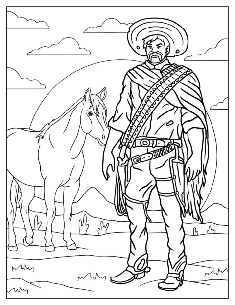 Un cow-boy avec des armes se tient devant un cheval.