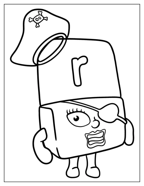 La lettre R d’Alphablocks porte un costume de pirate.