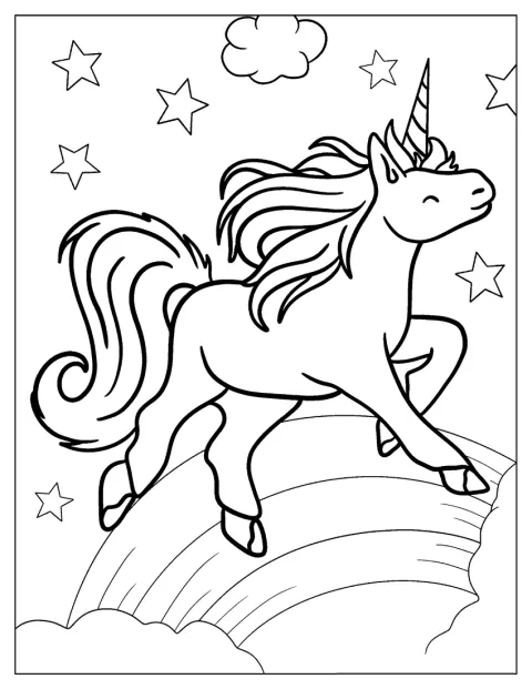 Ein Einhorn springt über einen Regenbogen.