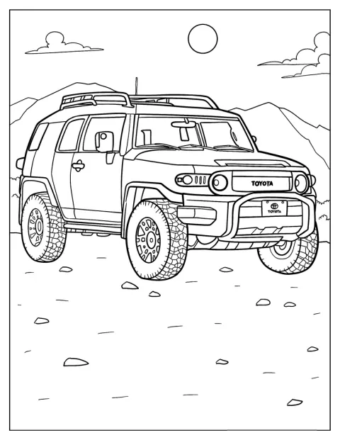 Foran bjerge holder en Toyota FJ Cruiser med sit robuste udseende.
