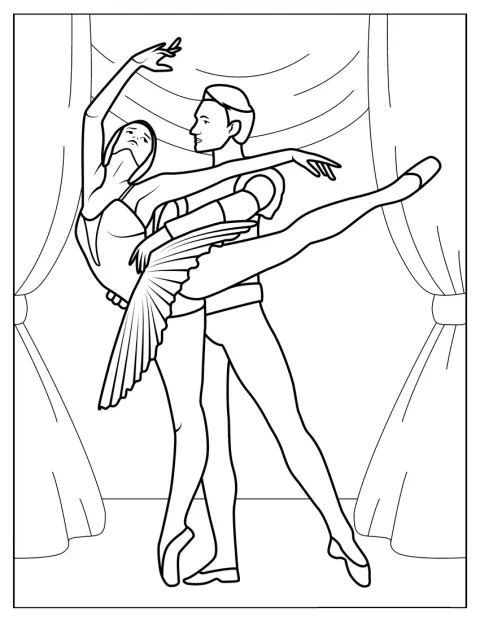 Een ballerina en een ballerino staan samen afgebeeld.