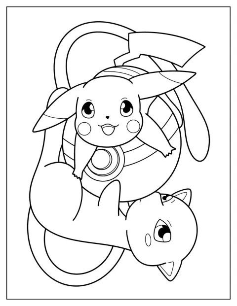 ミュウとピカチュウがモンスターボールを抱き合うように囲んでいます。