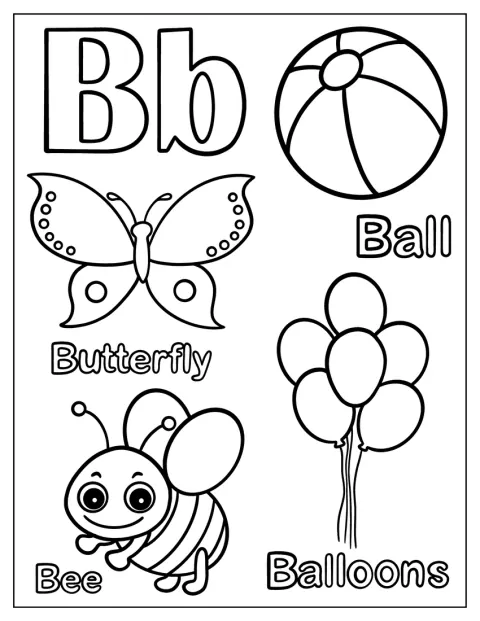 Bのまわりに、ボール、蝶、風船、ミツバチが描かれています。