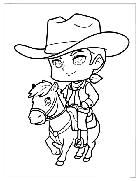 Un cow-boy chibi chevauche son cheval.
