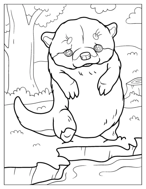 Een schattige kawaii-otter staat tussen de bomen in het bos.