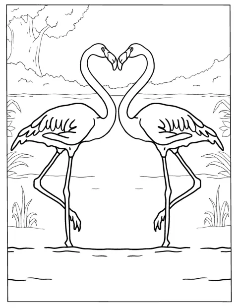 Dos flamencos juntan sus cuellos para dibujar la forma de un corazón.