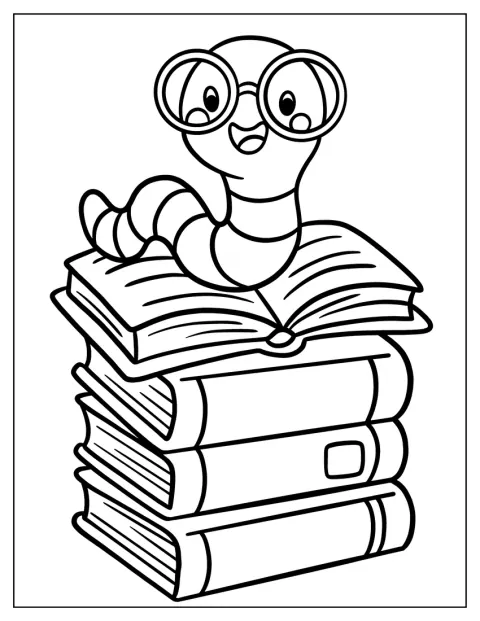 Uśmiechnięty robaczek siedzi na stosie książek w bibliotece.