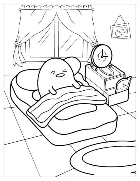Az ágyon fekvő Gudetama békésen szundikál.