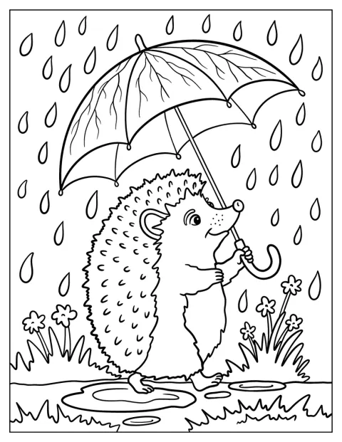 Een egel wandelt met een paraplu door de regen.