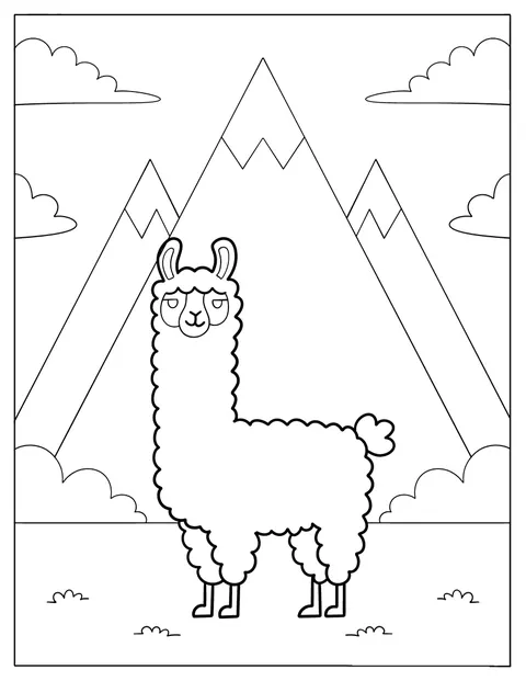 Un lama dal pelo soffice posa davanti a montagne imponenti.