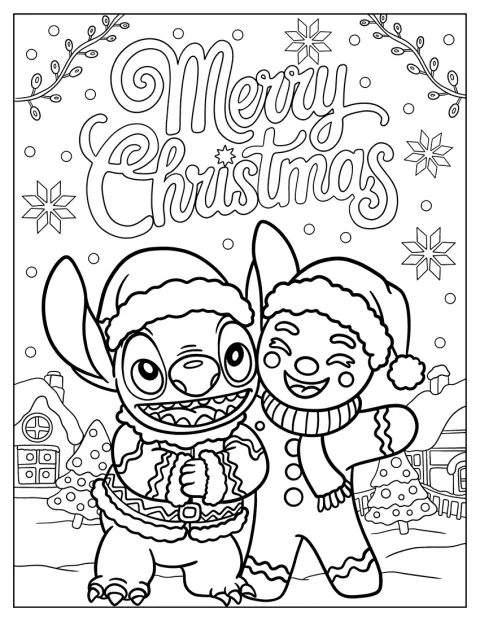 Stitch und ein Lebkuchenmann tragen Weihnachtsmützen vor einer verschneiten Festtagskulisse.