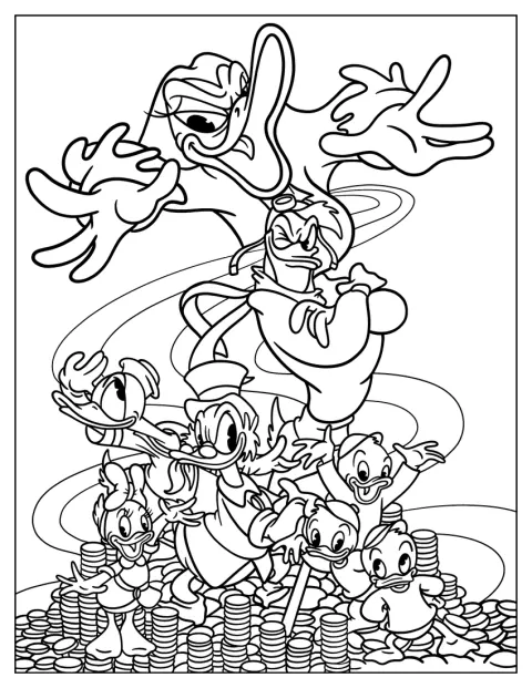 Magica De Spell, Launchpad, Donald Duck, Dewey, Huey, Louie, Scrooge McDuck și Webby apar împreună.