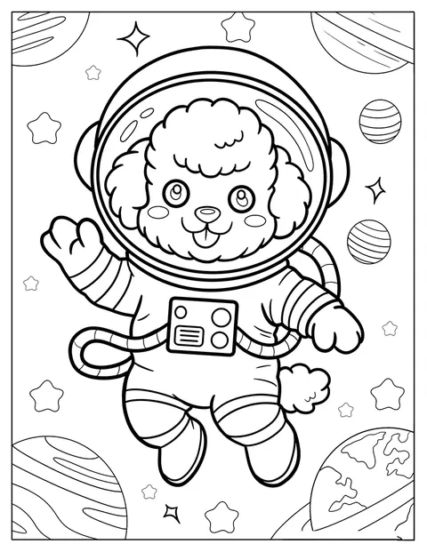 Com fato de astronauta, um caniche flutua entre estrelas e planetas.