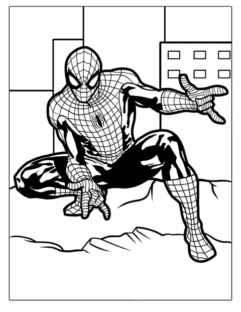 Spider-Man przyjmuje dynamiczną pozę i celuje miotaczem sieci.