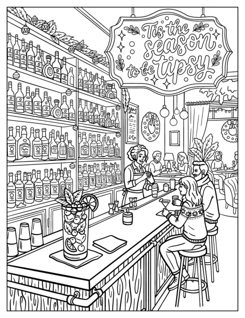 Vrienden drinken cocktails aan een bar met feestelijke kerstversiering.