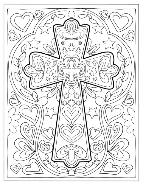 ハートや花の模様で飾られた十字架が描かれています。