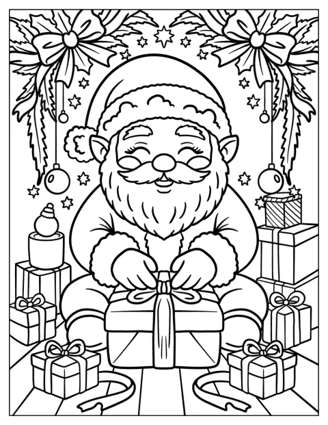 Tussen stapels pakjes wikkelt de kerstman kerstcadeaus in.