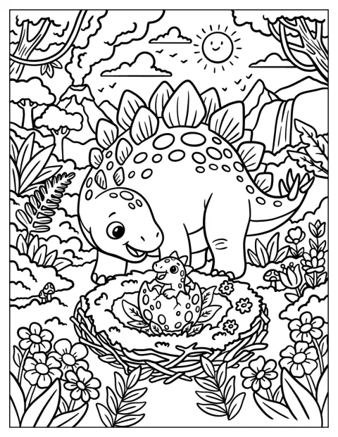 Egy Stegosaurus mellett dinoszauruszbébi bújik elő a tojásból.
