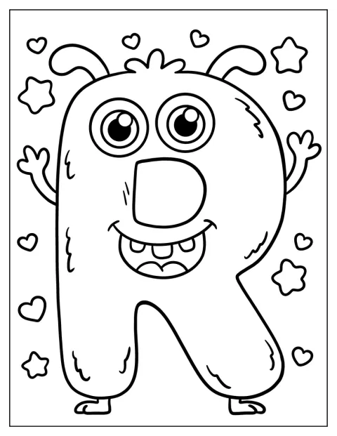 Um monstro adorável decorado com estrelas e corações acompanha a letra R.
