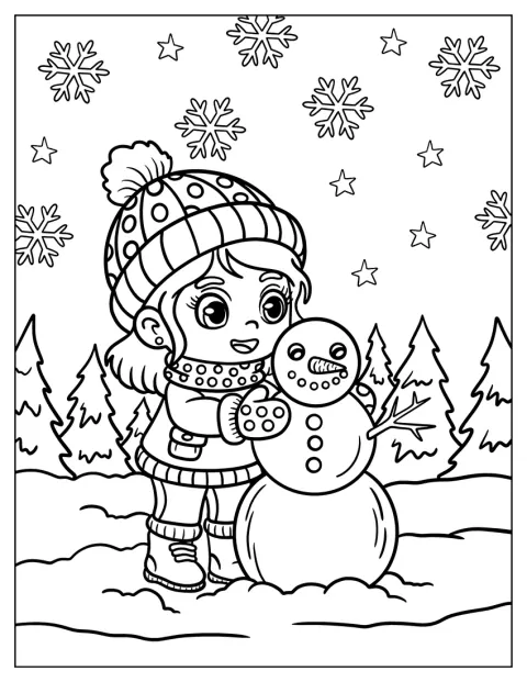 Uma menina de luvas constrói um boneco de neve ao ar livre.