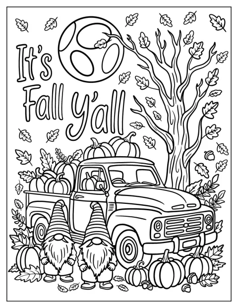Un camion chargé de citrouilles et accompagné de gnomes illustre l’inscription « It’s Fall Y All ».