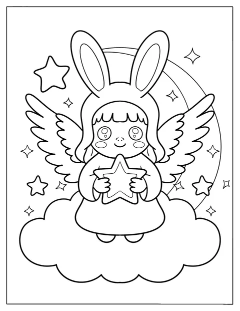 Un ángel fantástico con orejas de conejo y una estrella flota entre nubes.